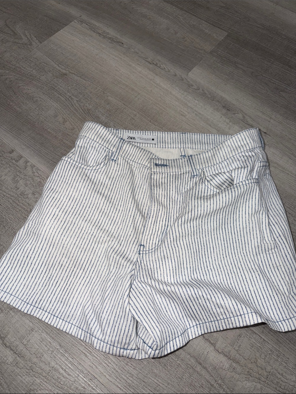 ZARA White Shorts with Blue Pinstripes